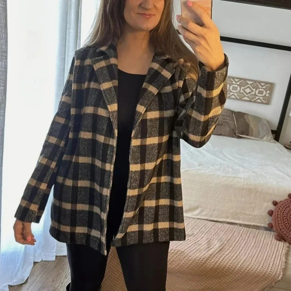 Joie Plaid Wool Blend Open Jacket Black and Tan Heritage Plaid Medium - Picture 4 of 16